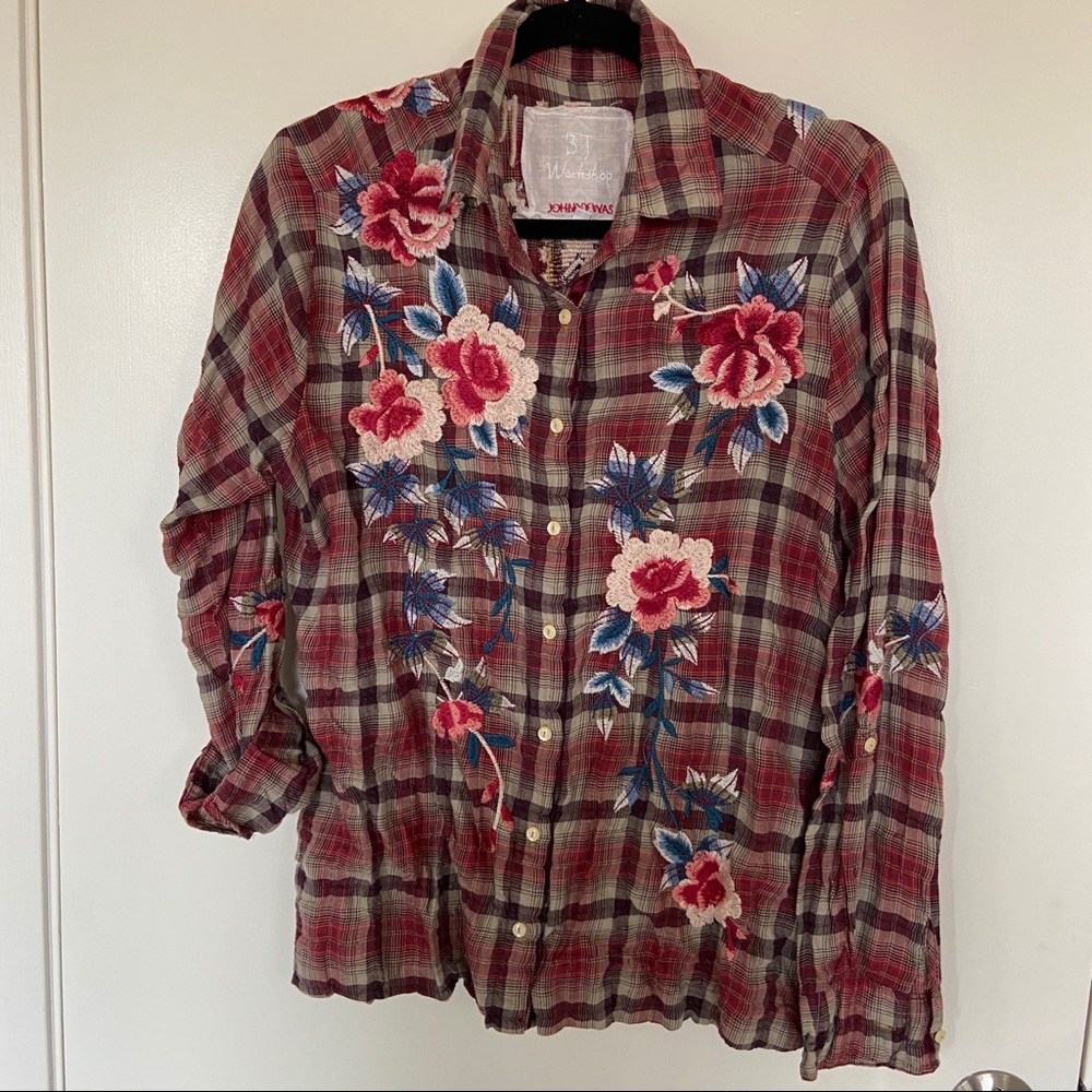 Johnny Was plaid button down shirt